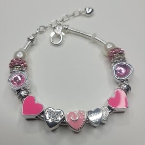 NWT Incredible Pandora Style Cupids Hearts Charm Bracelet Pink, Silver, Sparkle